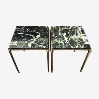 Pair of vintage brass and green marble side tables