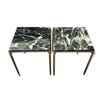 Pair of vintage brass and green marble side tables