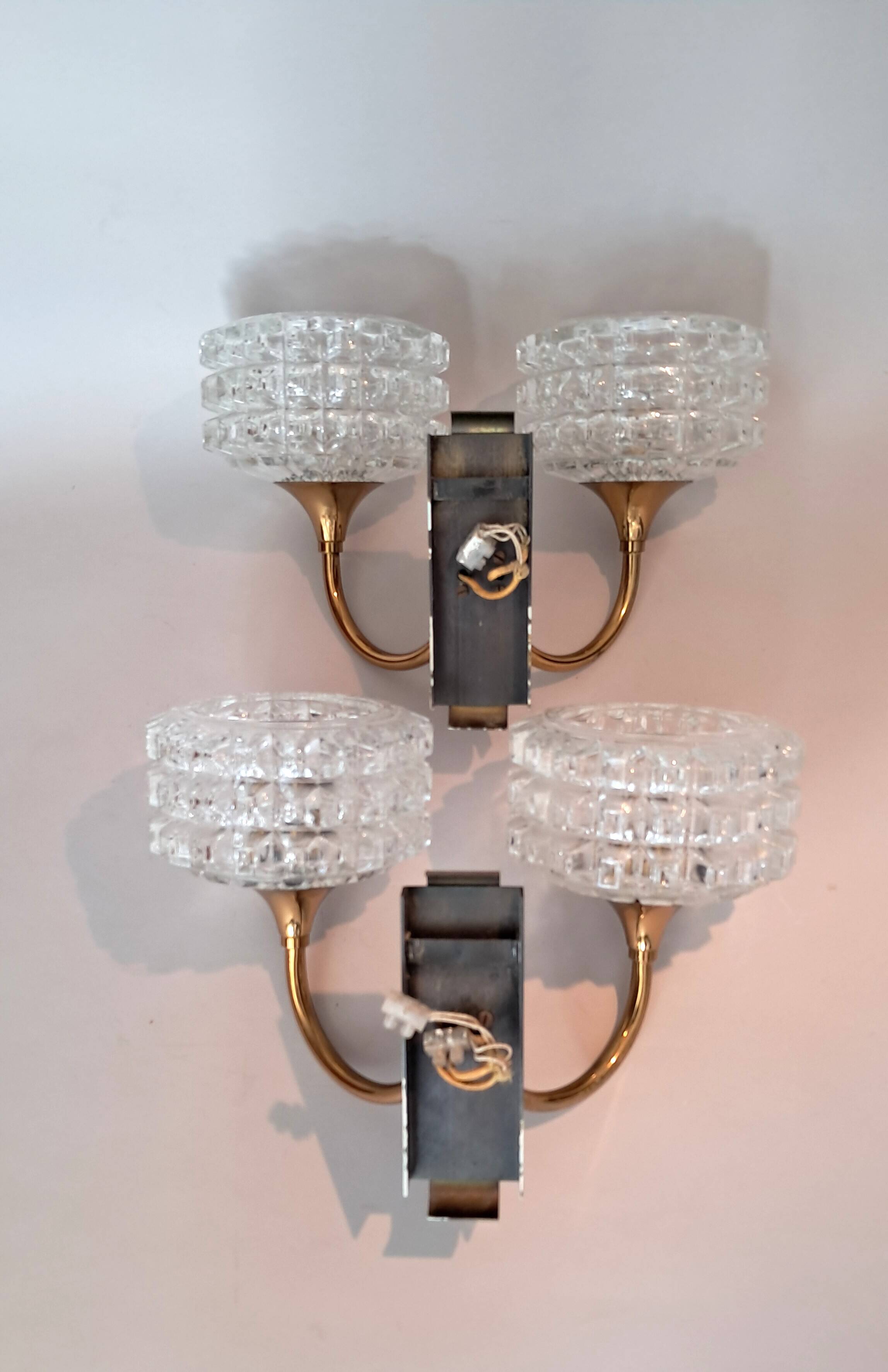 Pair of two-light wall sconces in gilded brass and blue from the 1950s.