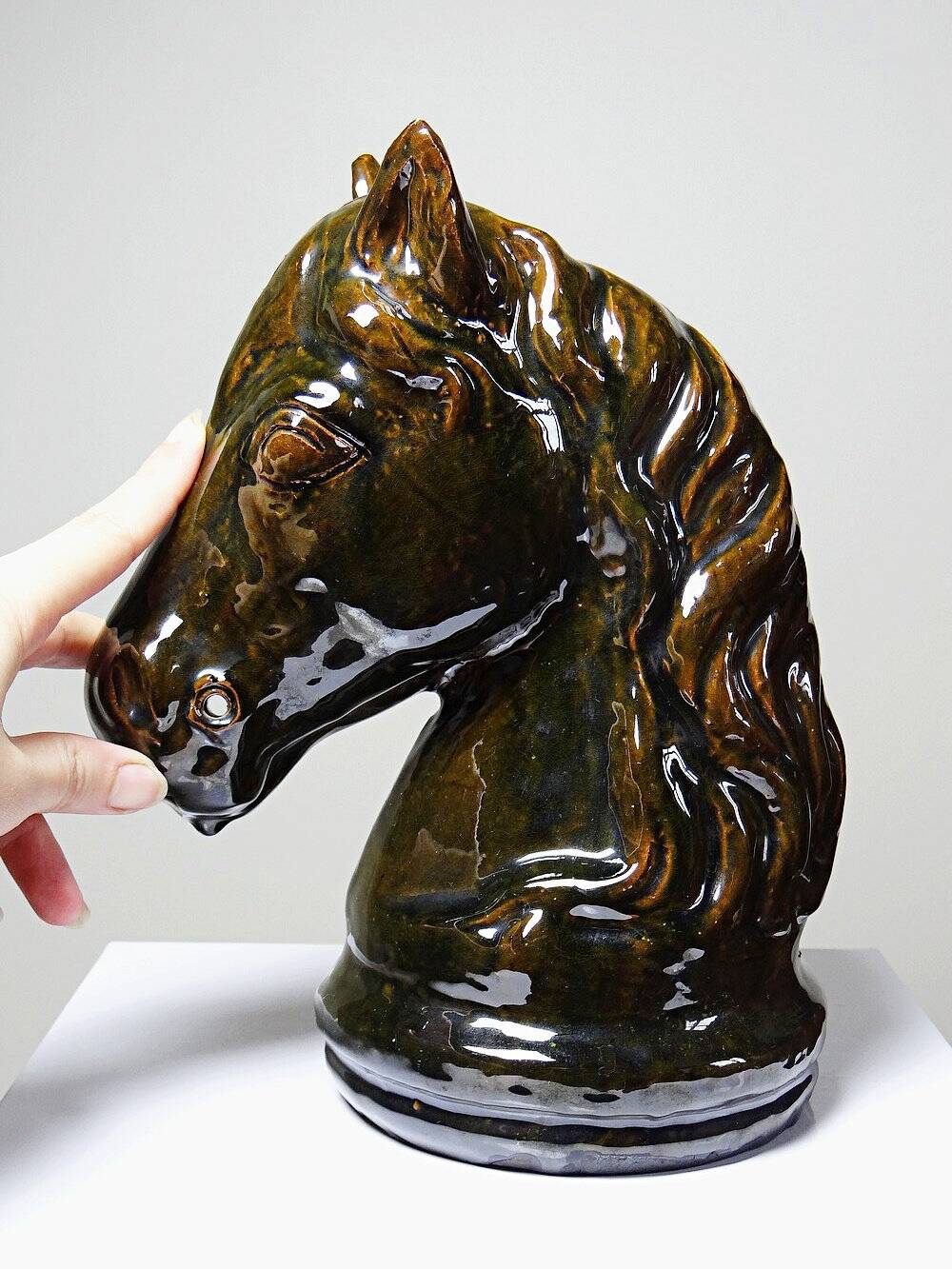 Vintage 1980s glazed terracotta chess knight or horse head.