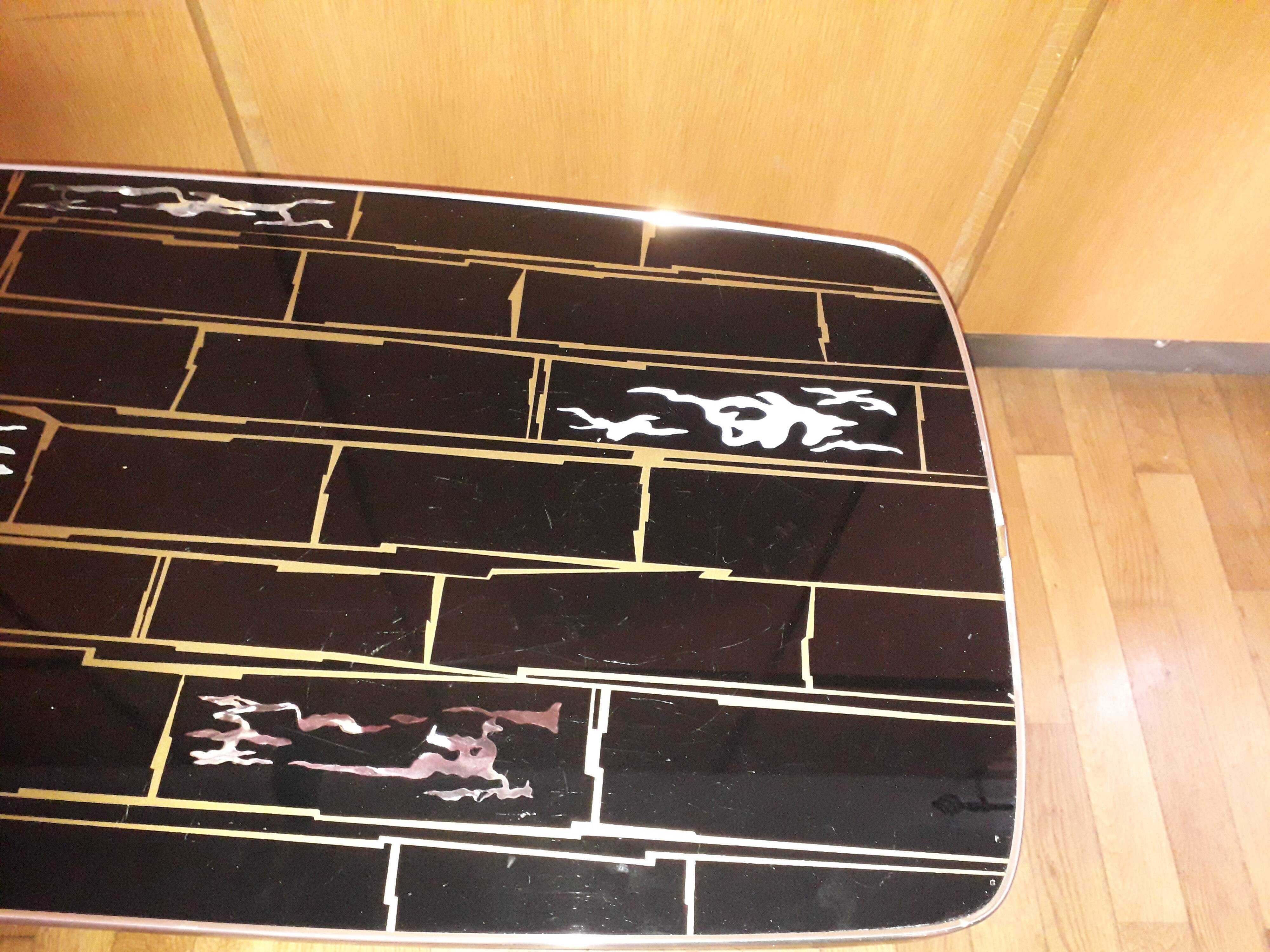 Coffee table formica feet compass glass tray 1960