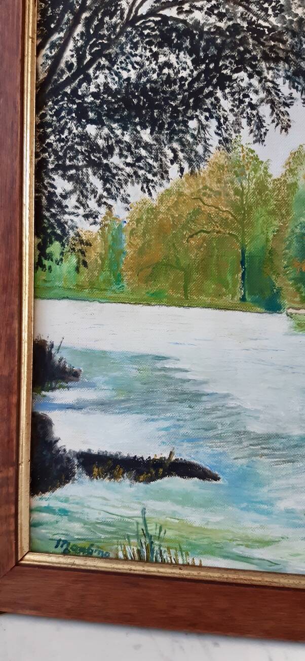 Painting / oil landscape river signed vintage 30x37.5