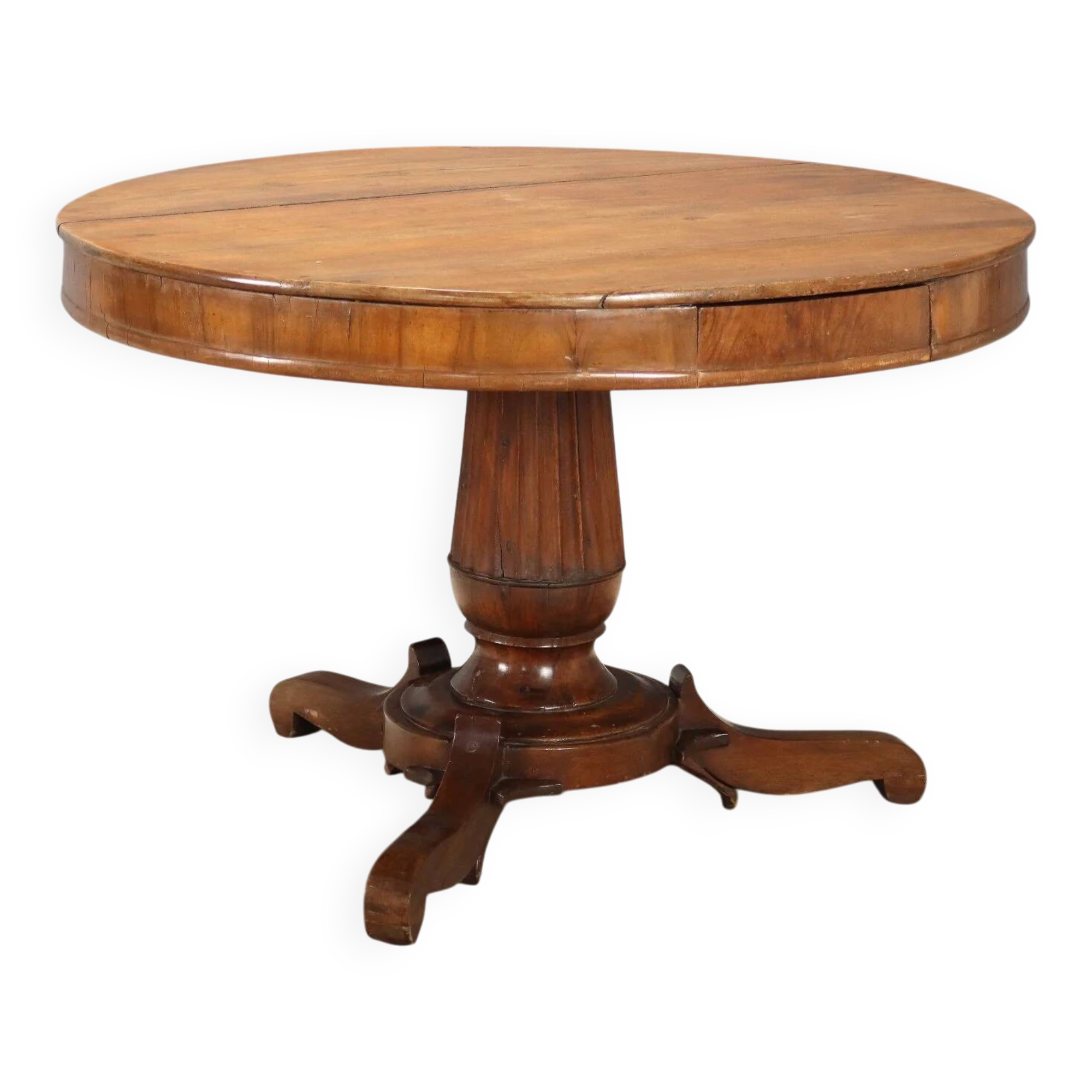 Antique walnut round table with drawers, Italy, 19th century