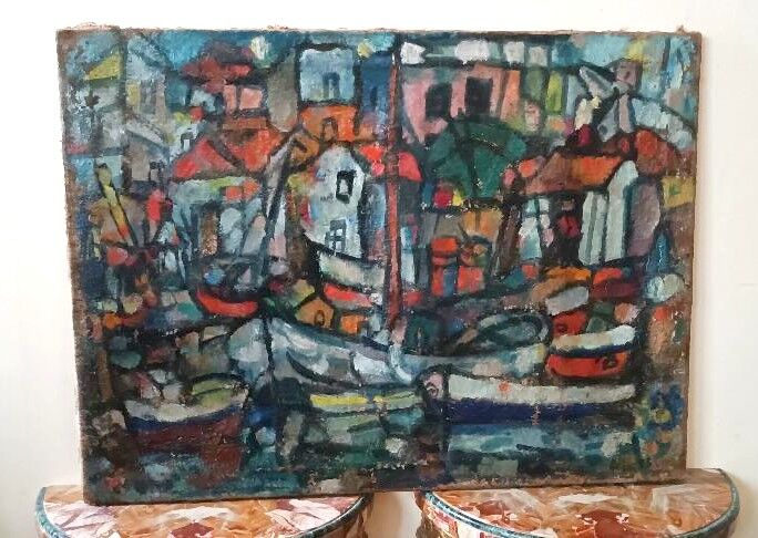 Oil on canvas by Ferruccio Ferri - 1953 - "Boats of Syracuse" expressionist period of Syracuse.