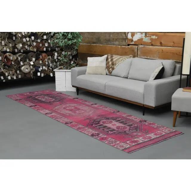 Vintage Turkish Hand-Knotted Wool Cotton Pink Runner Rug 104x351