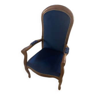 Fauteuil voltaire velours bleu et jacquard