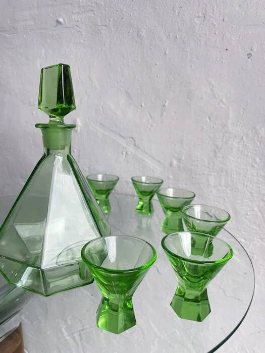 Green glass Art Deco liquor  set, Czechoslovakia 1920s-1930s