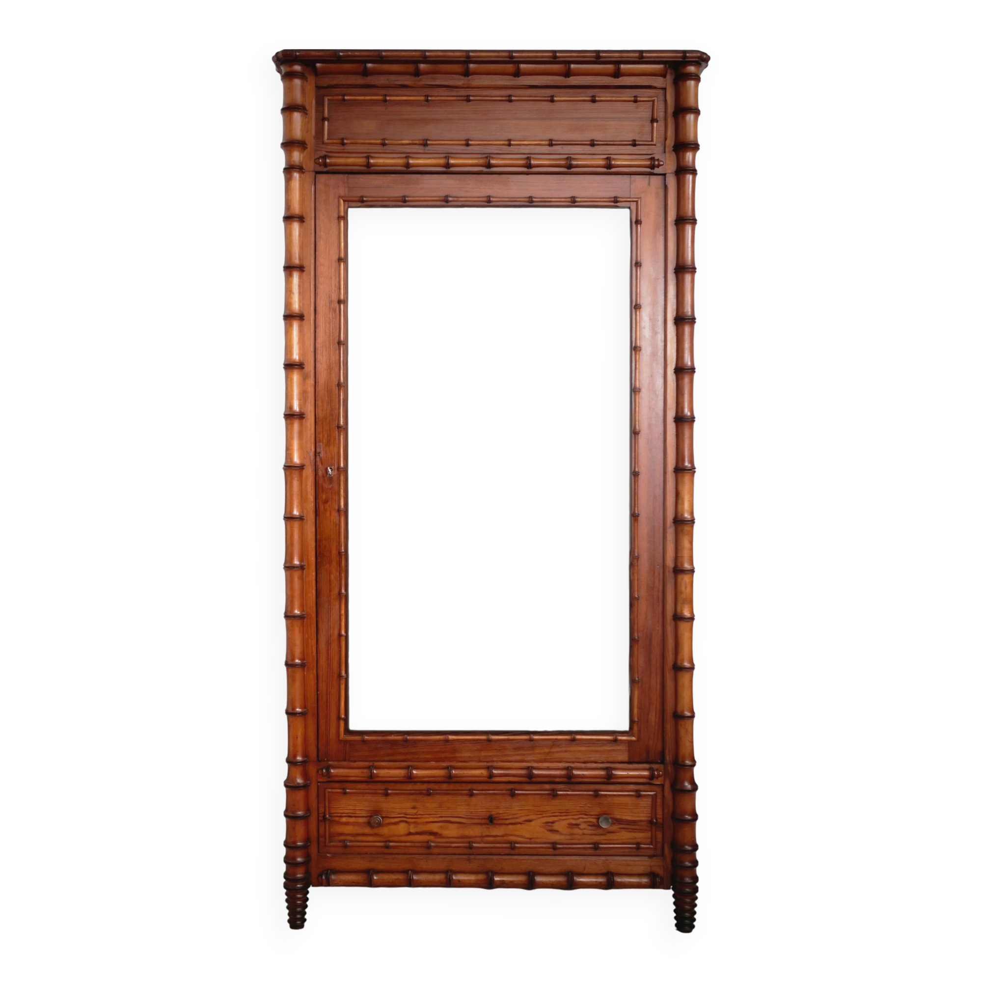 19th Century French Pine Faux Bamboo Mirrored Cabinet