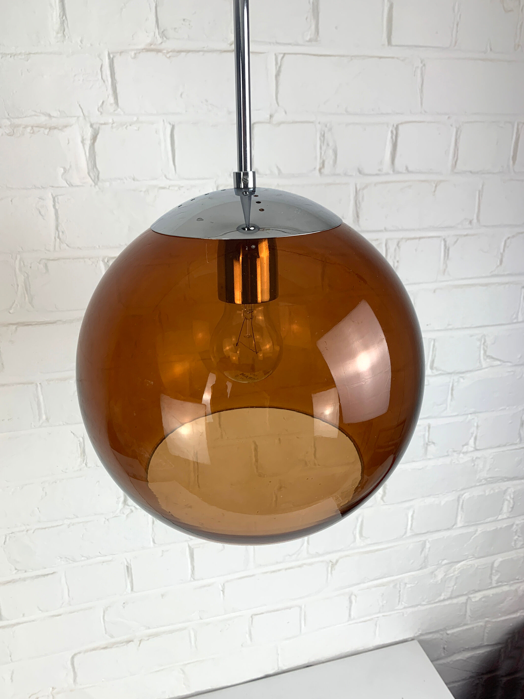 Pendant lamp ball Space Age amber glass chrome 1970s