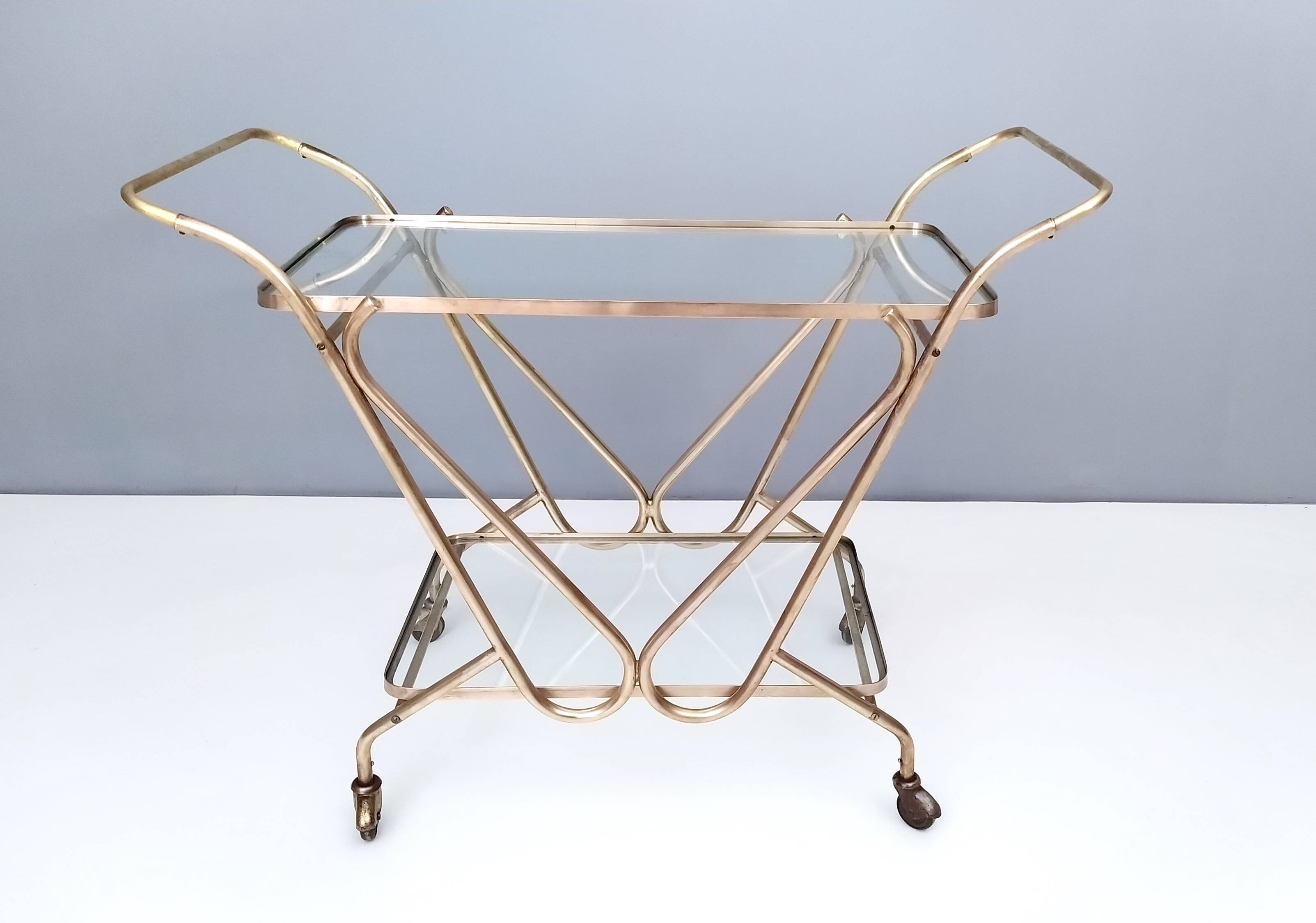 Vintage Brass Serving Cart with Glass Shelves, Italy
