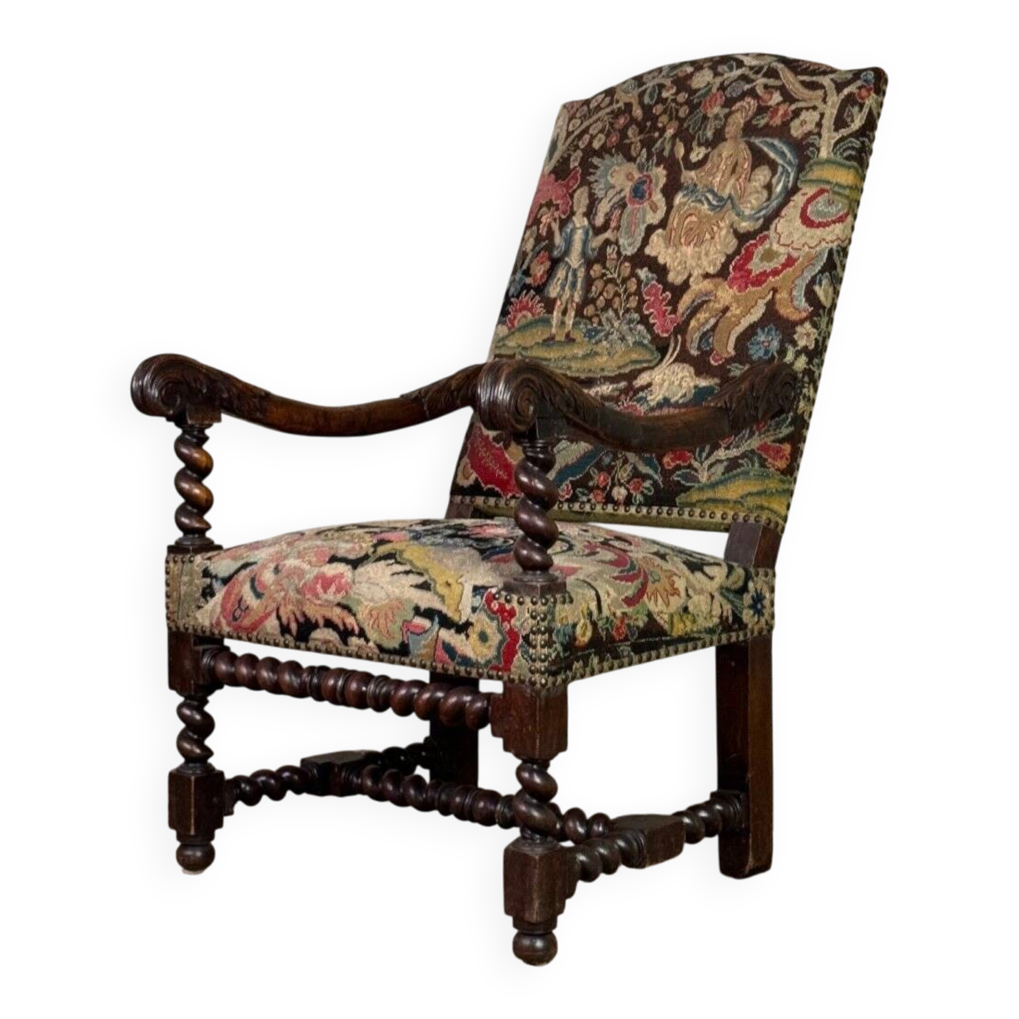 Carved walnut and tapestry armchair, late 17th century