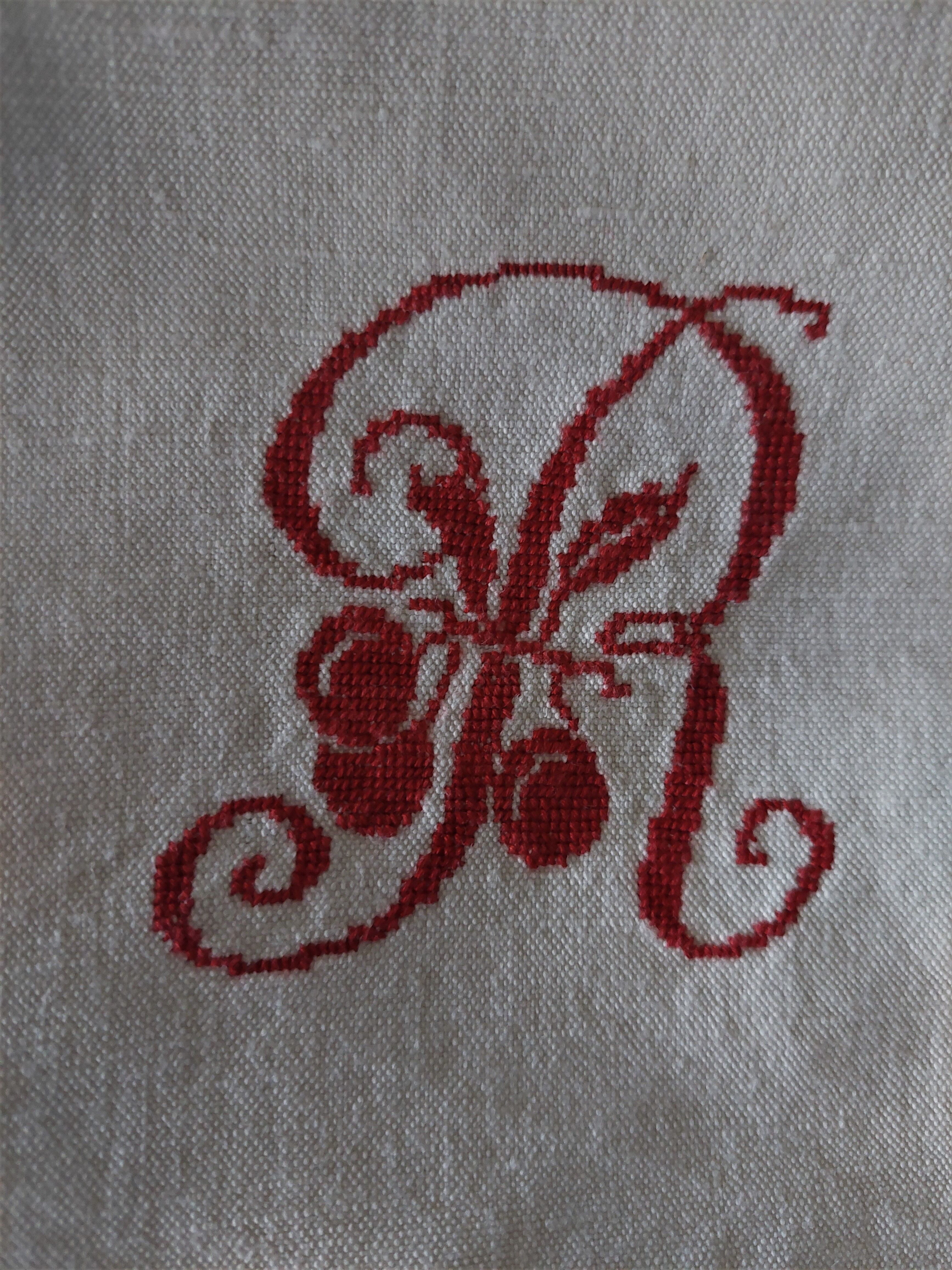 Old sheet embroidered monogram red, 205x230 cm