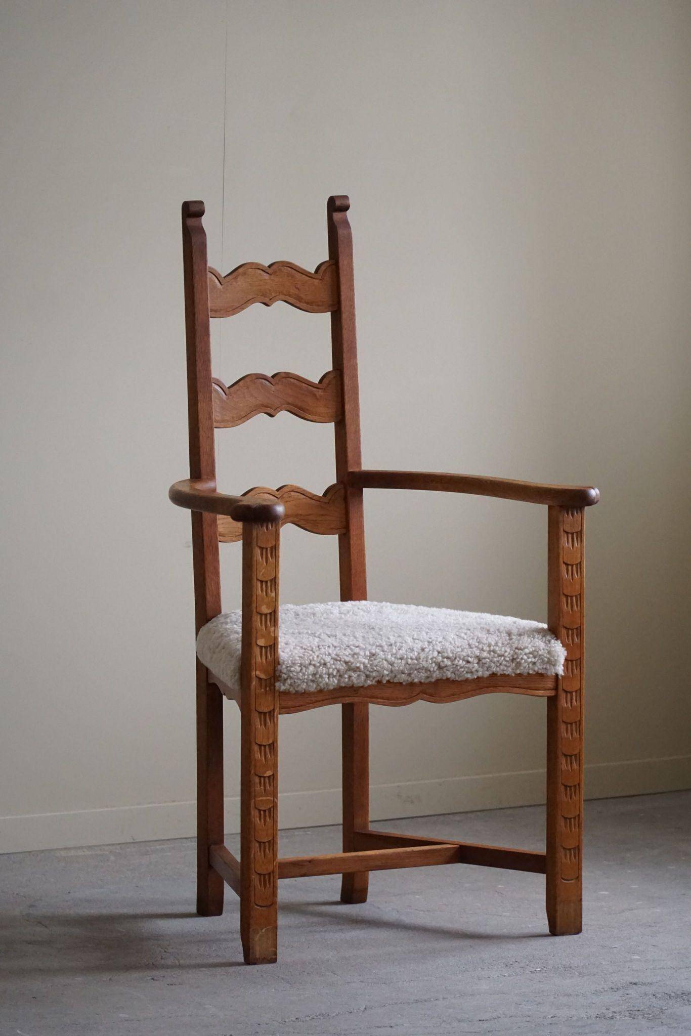 Classic Oak Armchair with Lambswool Upholstery, Mid-Century Danish, 1950s