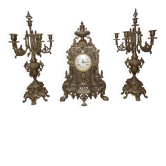 Baroque clock and its 2 bronze candelabra