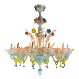 Venetian chandelier in multicolored Murano glass predominantly milky white, 12 arms of light