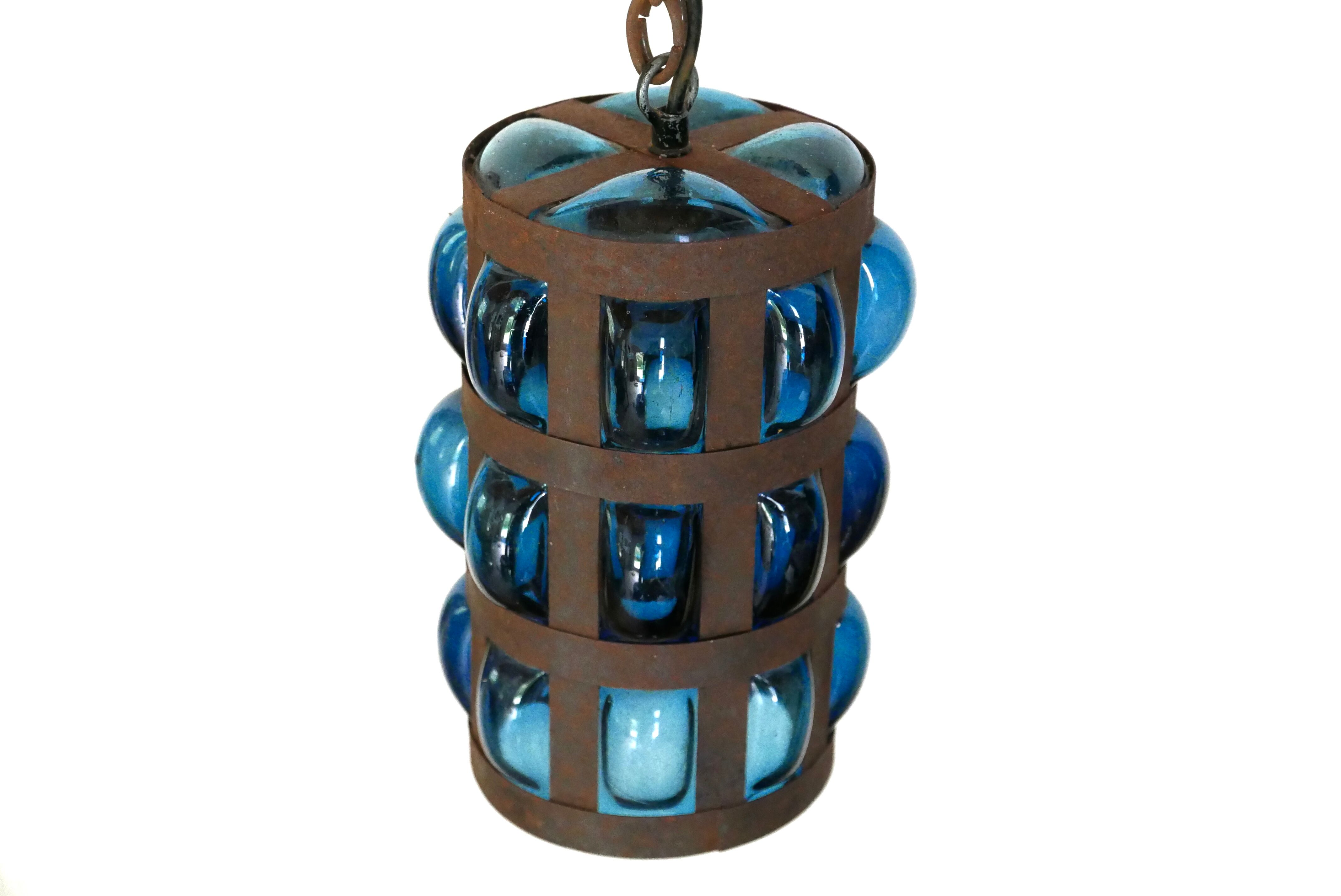 Blue blown glass and metal pendant light, 1970s