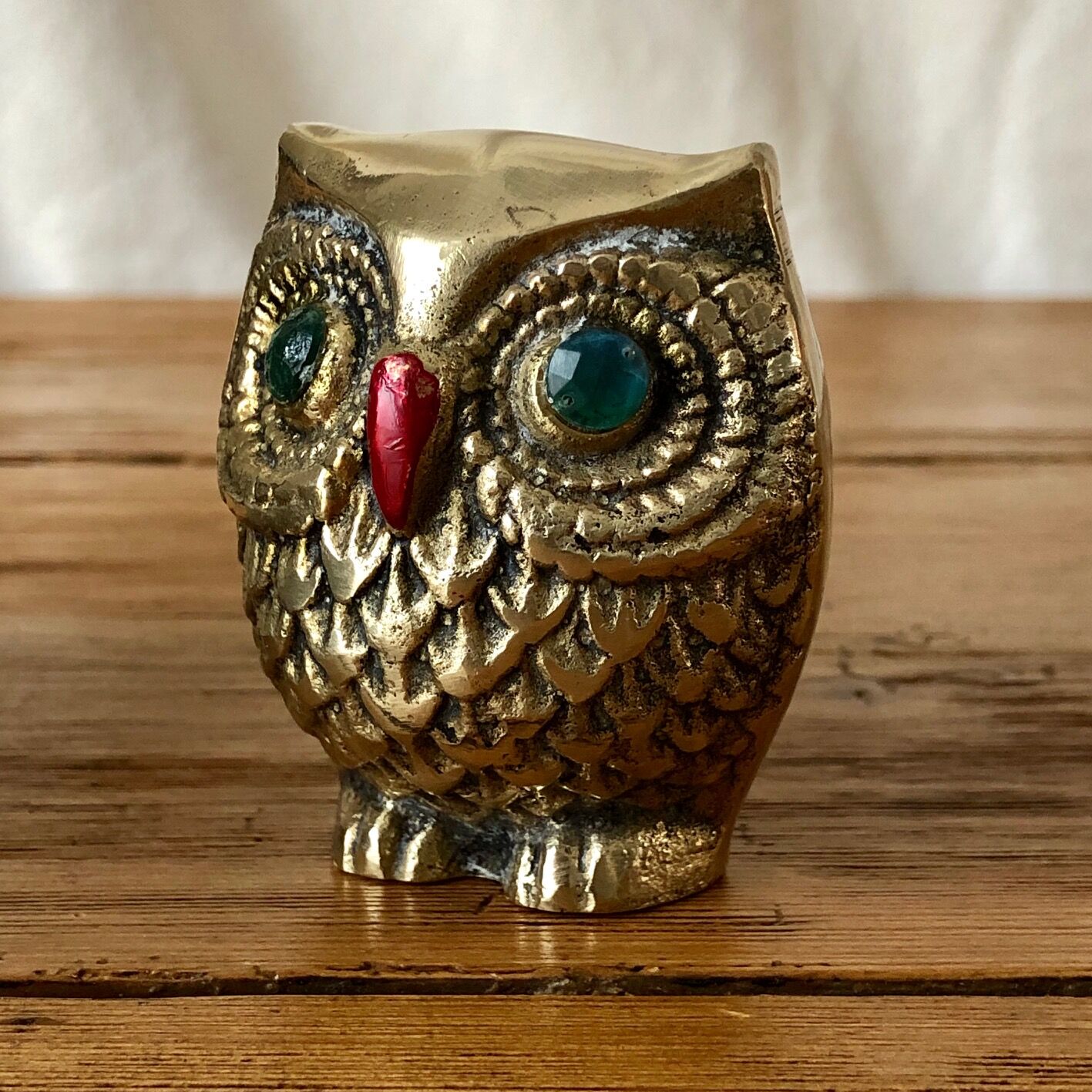 Owl vintage brass green eyes