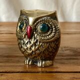 Owl vintage brass green eyes