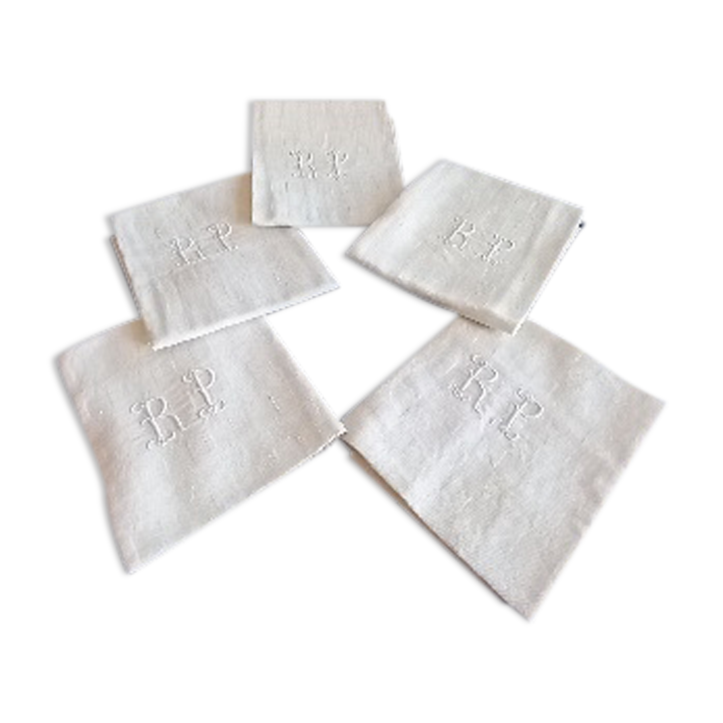 Set of 5 cotton napkins, light ivory, RP monogram