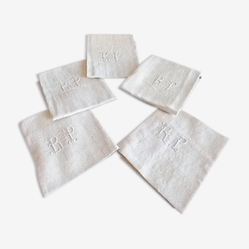 Set of 5 cotton napkins, light ivory, RP monogram