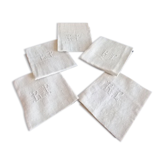 Lot de 5 serviettes de table en coton , ivoire clair , monogramme RP