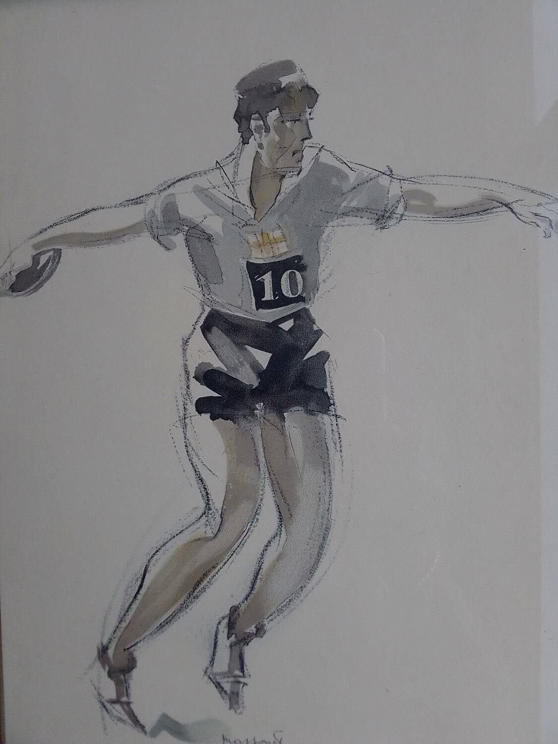 Watercolor drawing of a discus thrower, signed Massonet