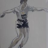 Watercolor drawing of disc thrower signed Massonet