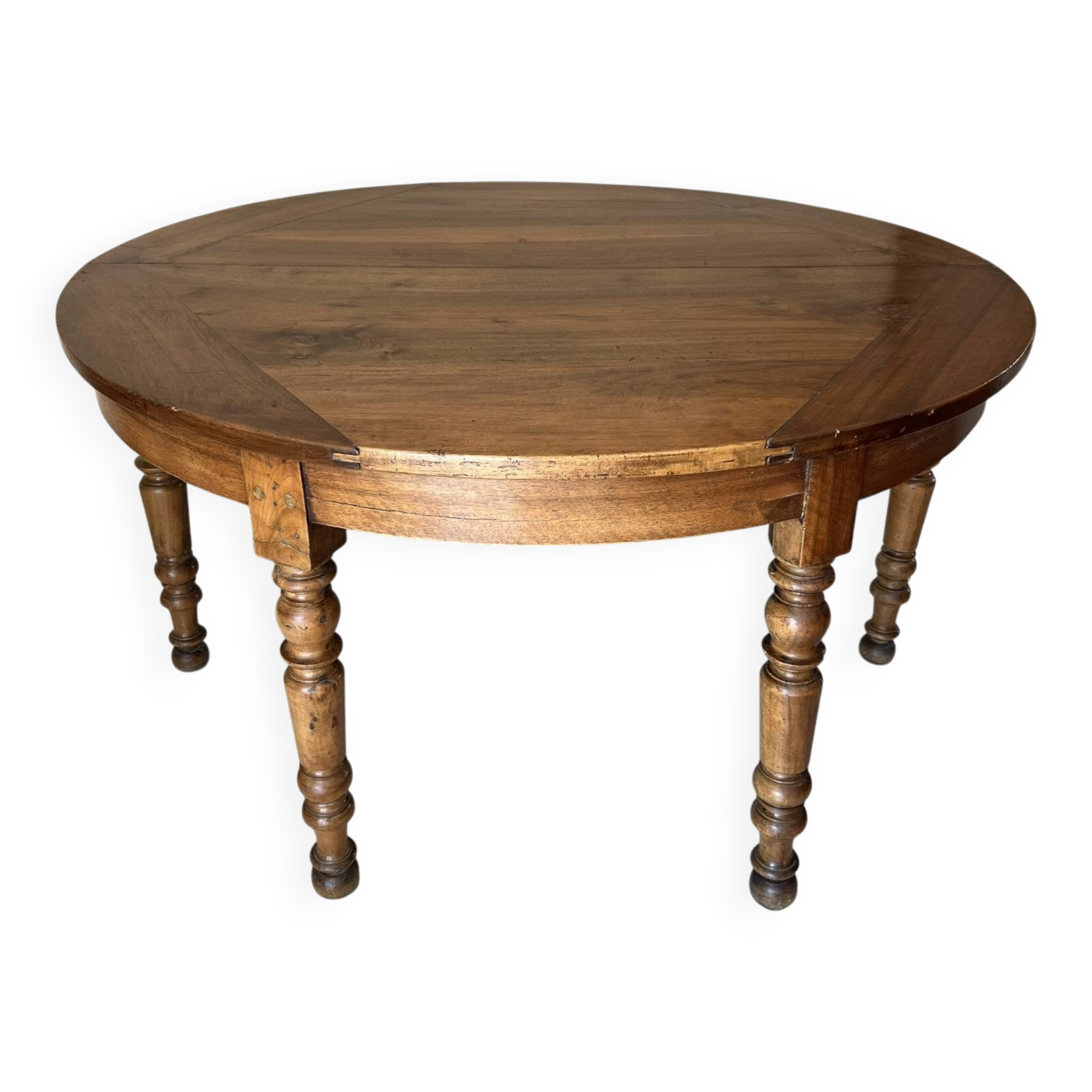 Louis-Philippe XIXth century demi-lune console table in solid walnut – seats 6 people.