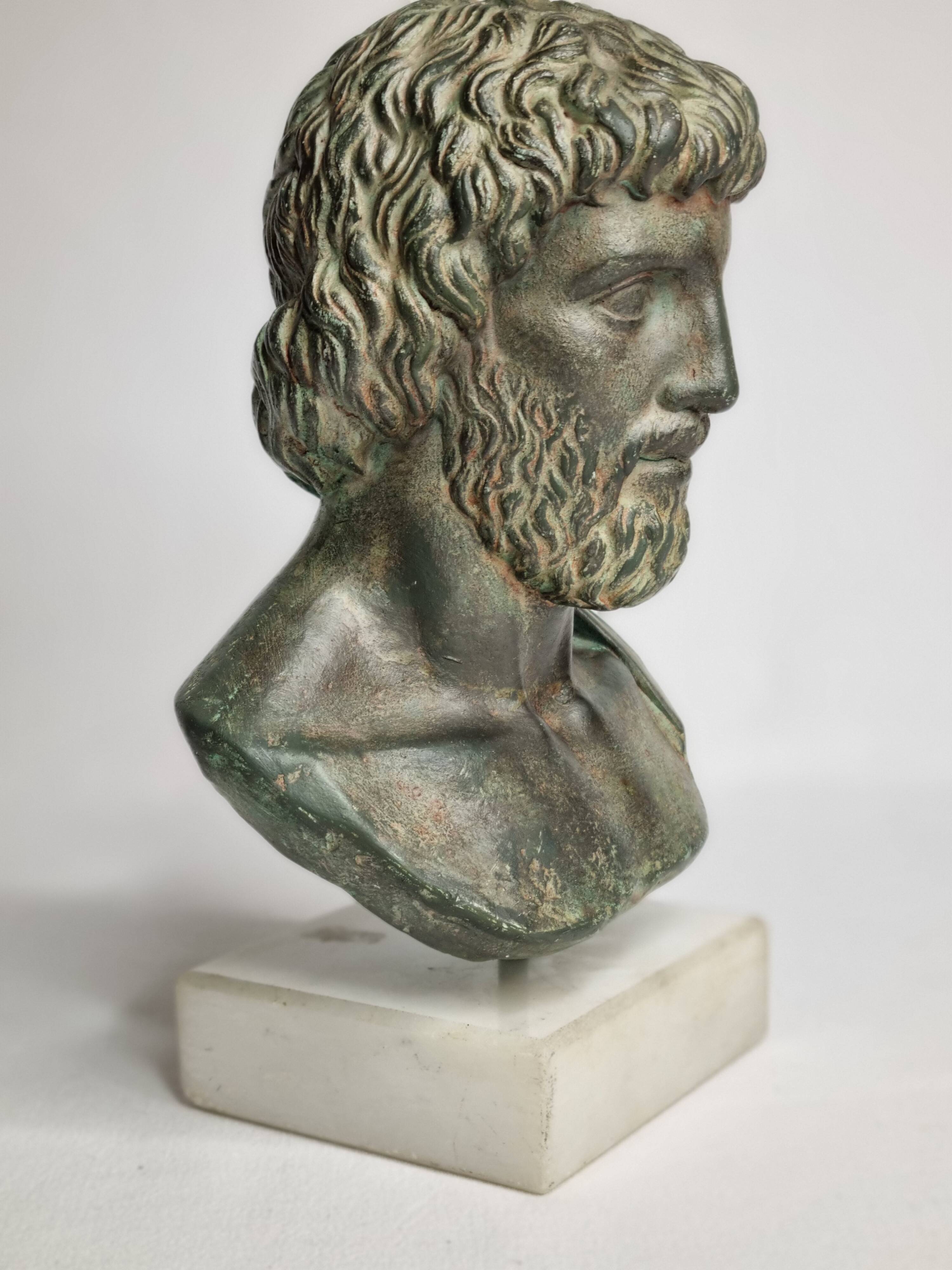 Bust of Esculape in patinated plaster on marble base, 21 cm