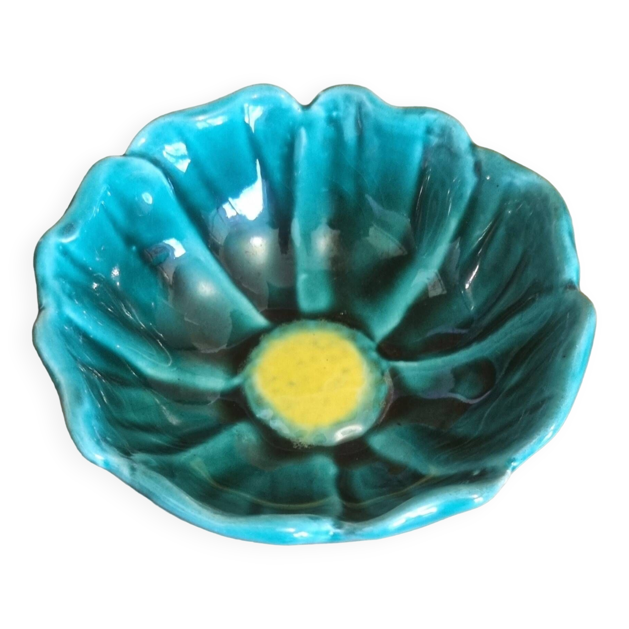 Coupelle barbotine vintage Fleur verte Coeur Jaune