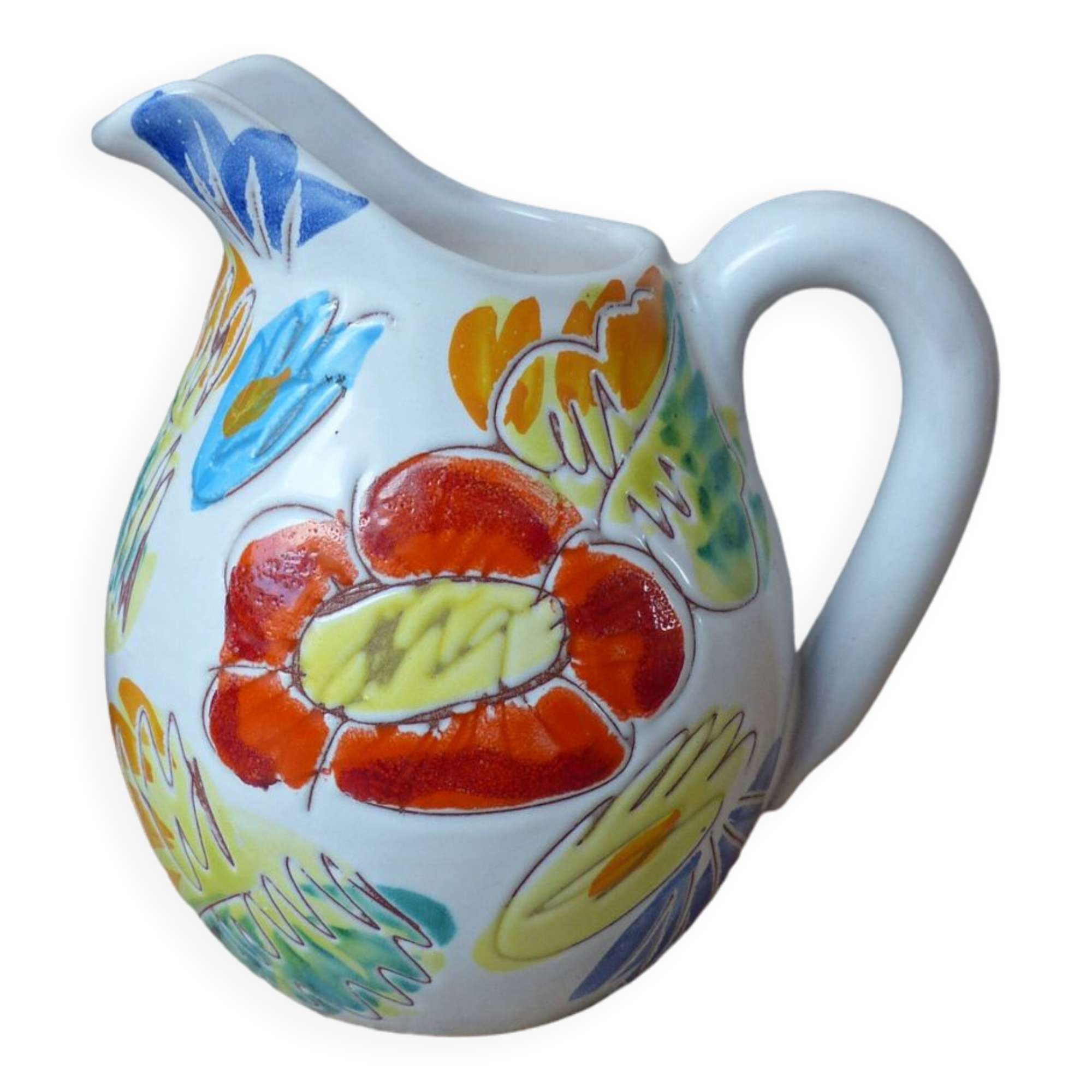 Ancien petit pichet, pot à lait en céramique fait main décor fleuri peint à la main style Vallauris