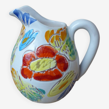 Old small pitcher, handmade ceramic milk jug with hand-painted floral decoration, Vallauris style