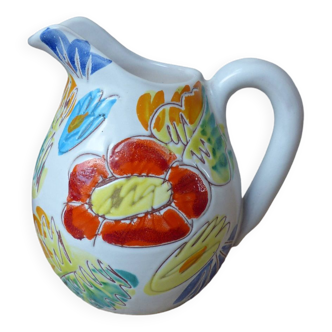 Old small pitcher, handmade ceramic milk jug with hand-painted floral decoration, Vallauris style