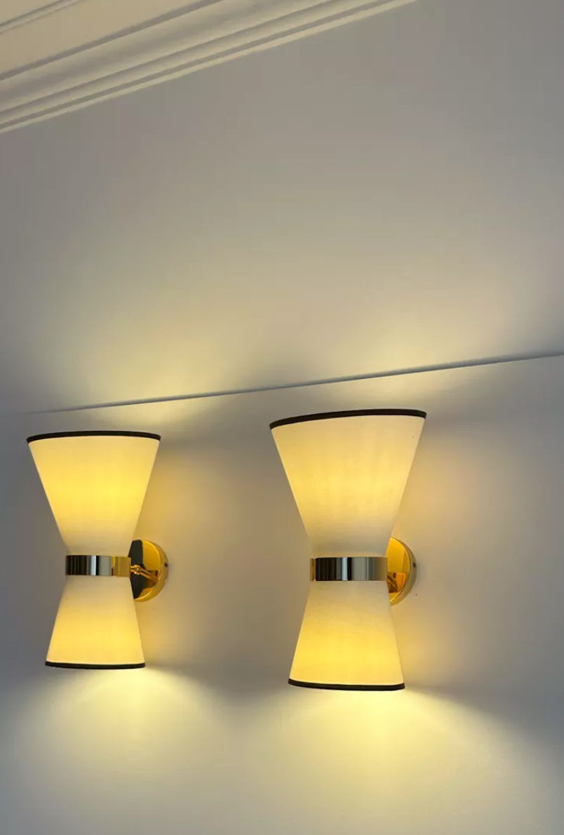Pair of vintage wall lamps, solid brass and unbleached fabric, Italy 1980