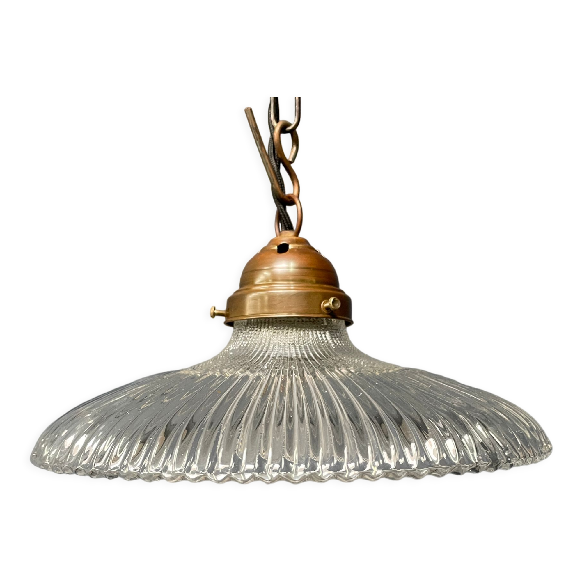 Glass holophane hangingor pendant lamp with brass gallery