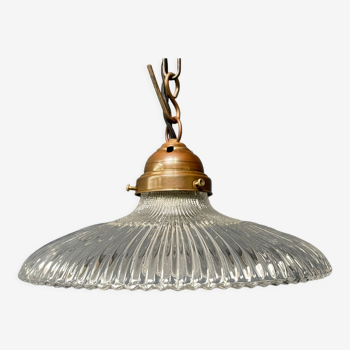 Glass holophane hangingor pendant lamp with brass gallery