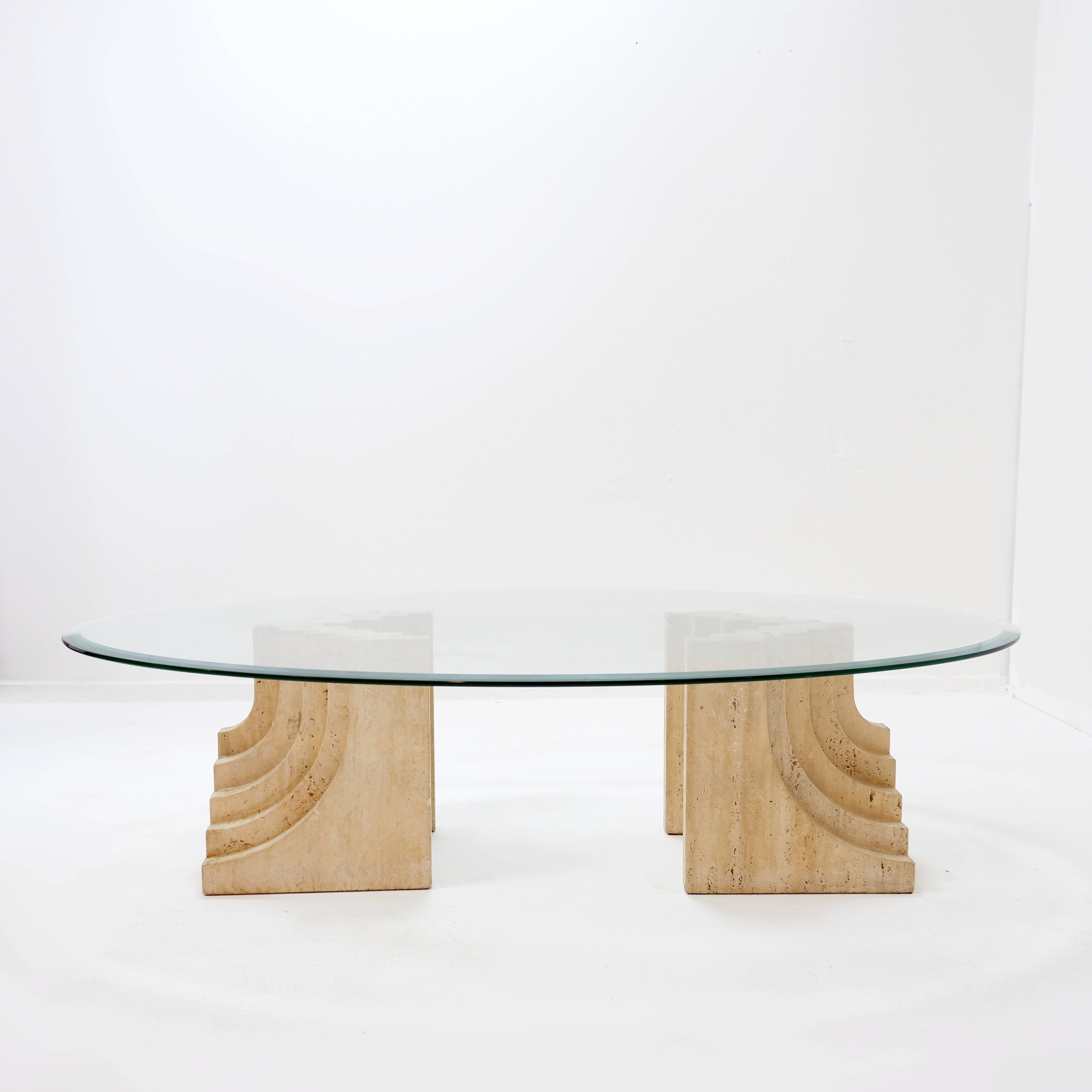 Sculptural Glass and Travertine coffee table