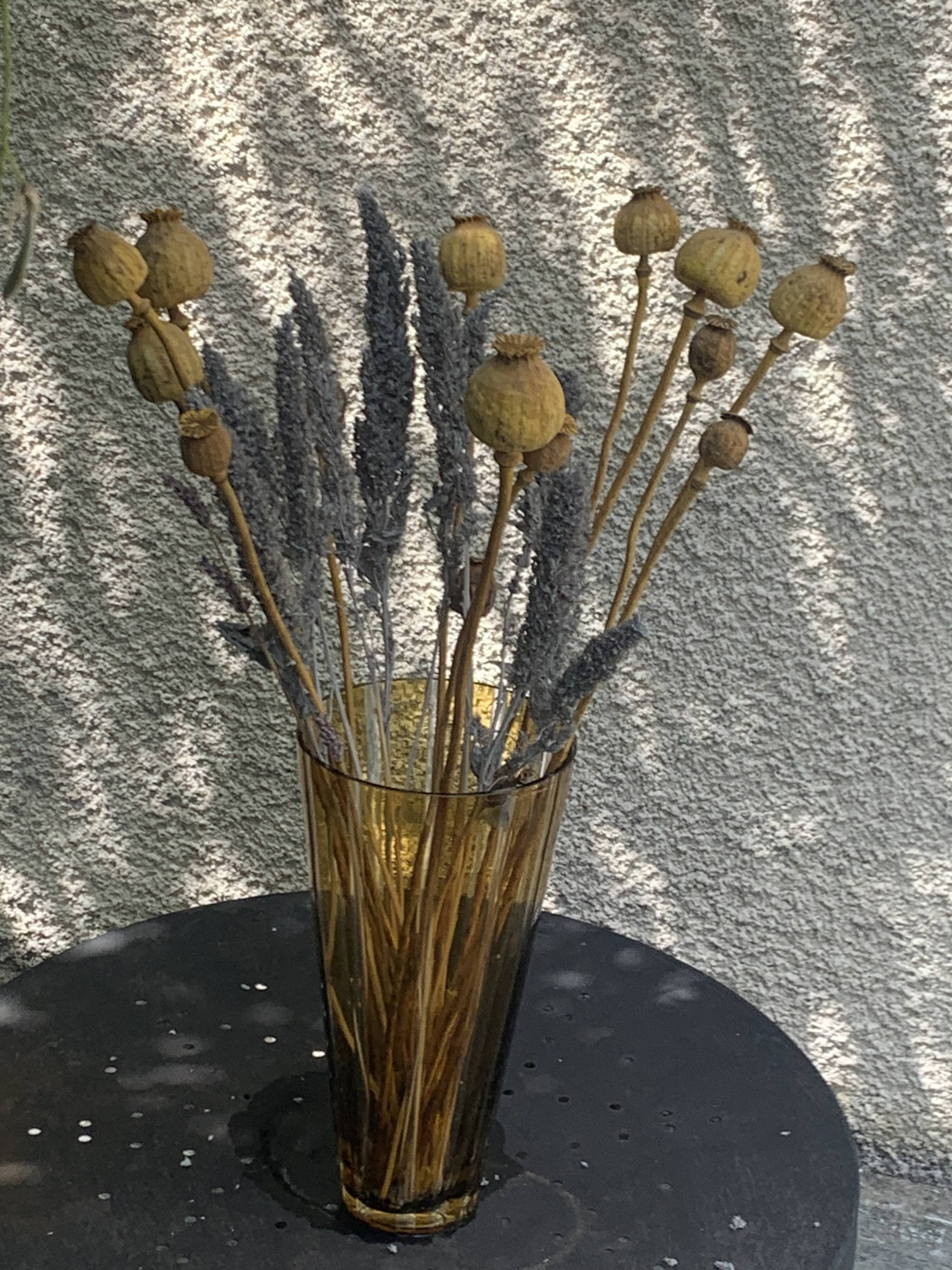 Bayadere patterned vase in glass, transparent and vintage ochre