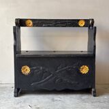 Banc-coffre vintage sculpté noir– Art populaire, début XXe