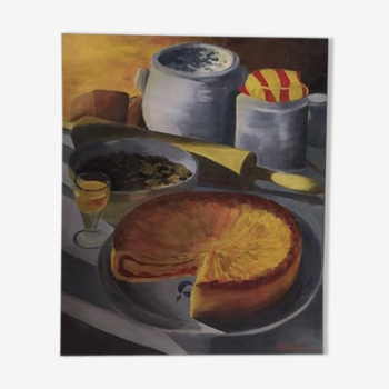 Nature morte la tarte huile sur toile signé