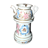 Tisanière ancienne en porcelaine de Paris veilleuse Théière à infusion fleurie peint main 19e s.
