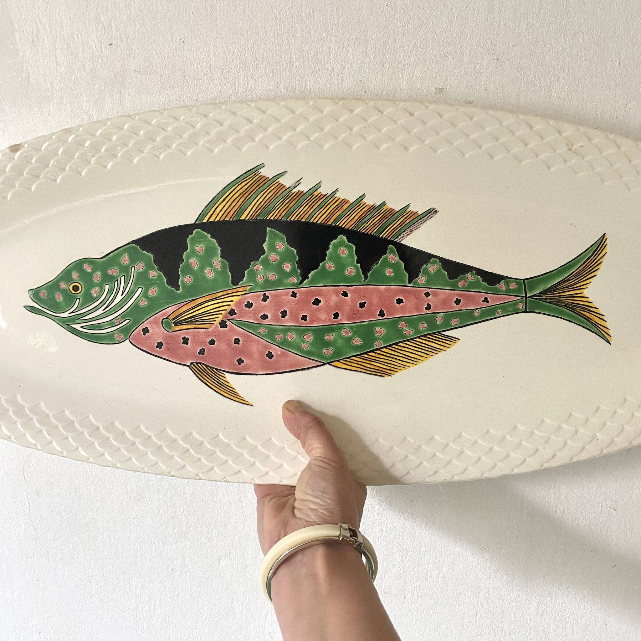 Grand plat ovale poisson Gien modèle Baie d'Halong