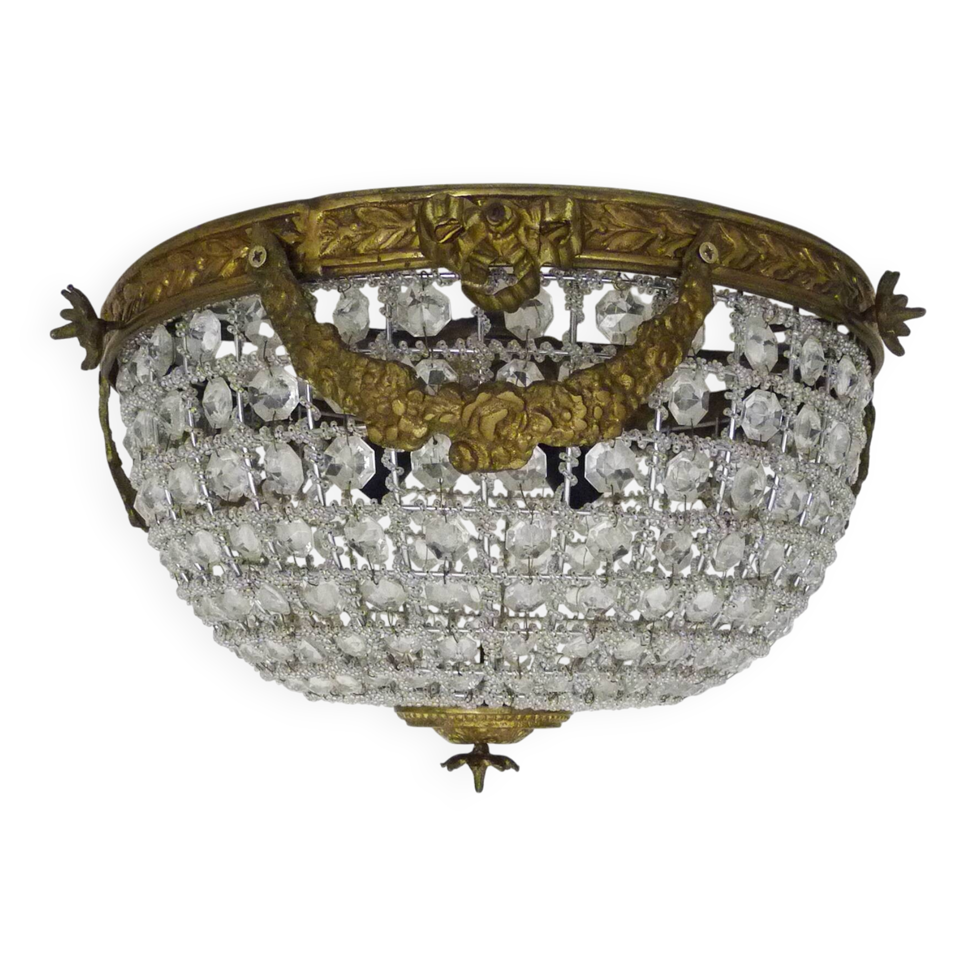 Half-basket ceiling light with 3 bronze lights and glass pendants. 1980s