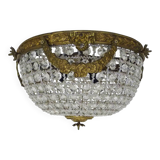 Half-basket ceiling light with 3 bronze lights and glass pendants. 1980s