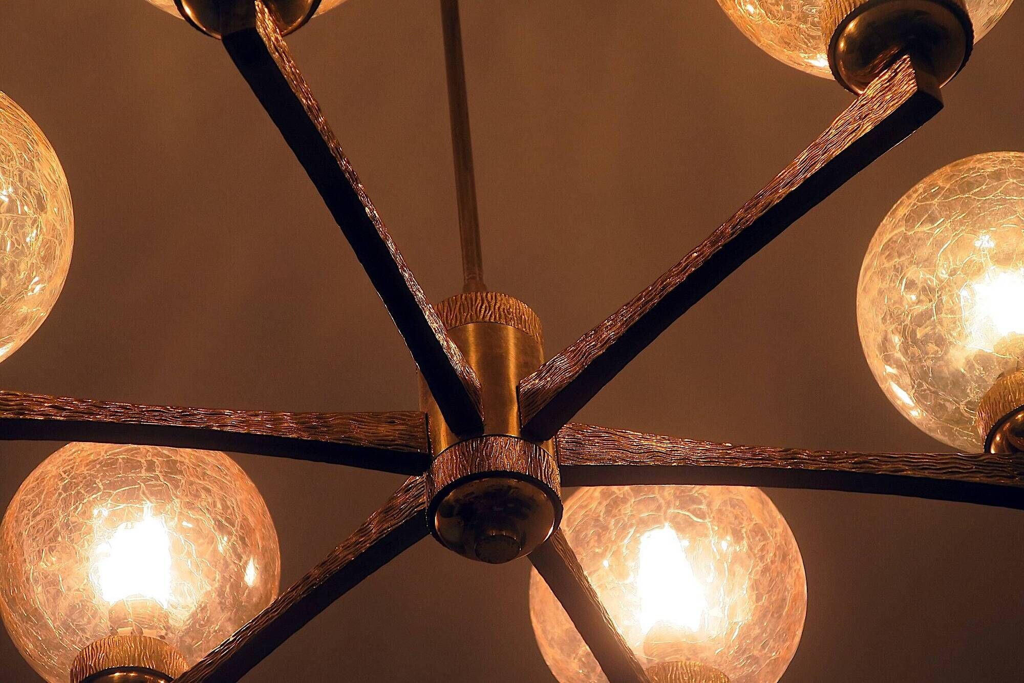 Angelo Brotto intricate gold-plated brass chandelier 6 globes, Italy 1960s