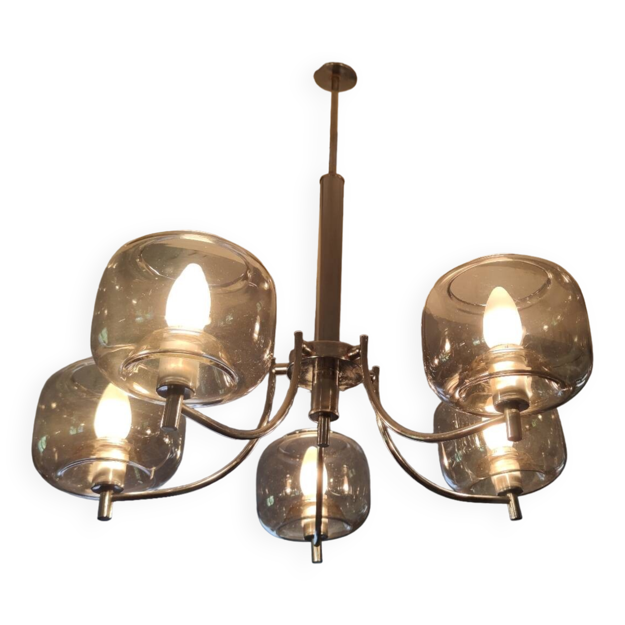 70s chandelier, smoked glass globes, 5 lights