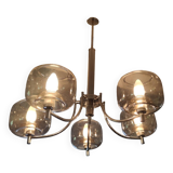 Lustre années 70, globes en verre fumé, 5 feux
