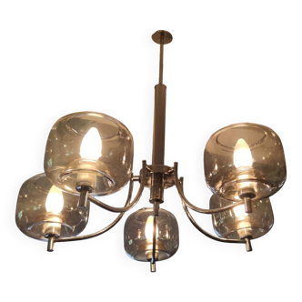 70s chandelier, smoked glass globes, 5 lights