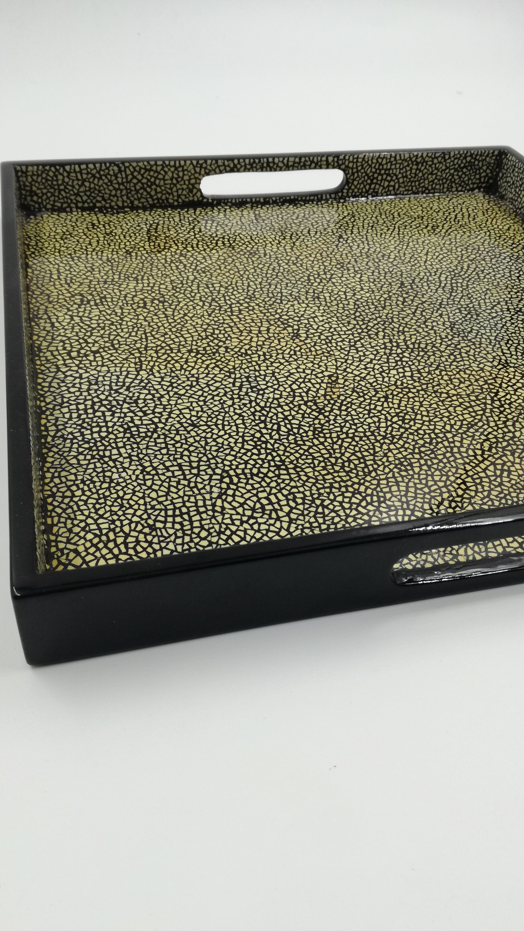 Black lace-up vintage tray and encrusted egg shells