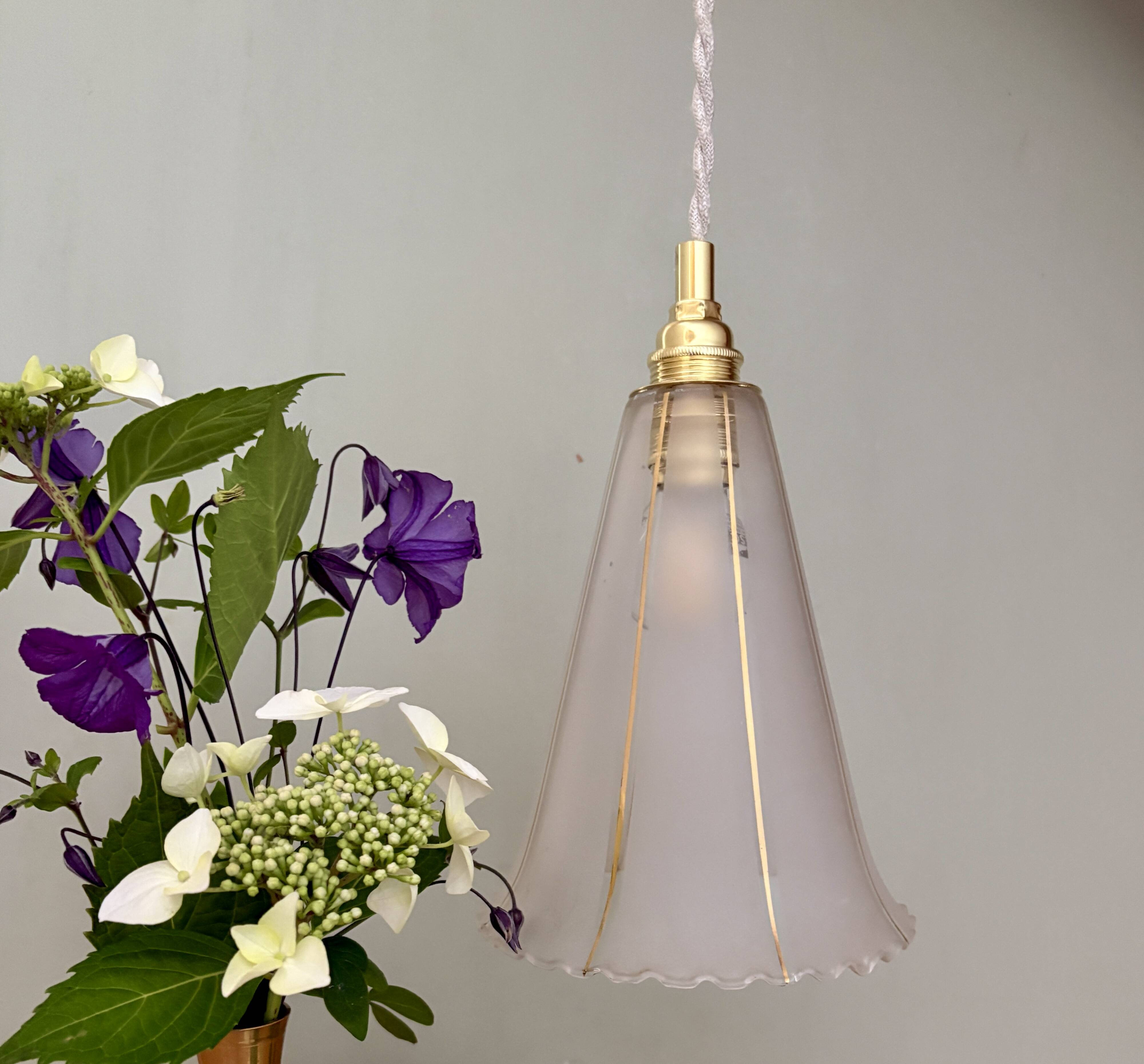 Vintage tulip pendant light in white and gold frosted glass